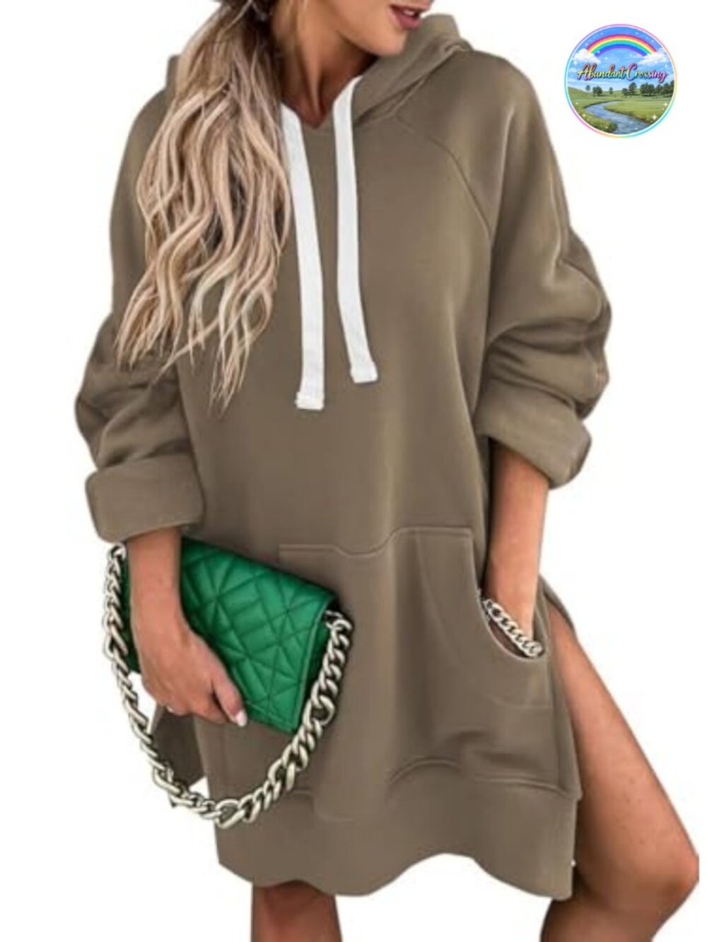 Oversized Hoodie Dress Long Sleeve Drawstring Split Hem Kangaroo Pocket
